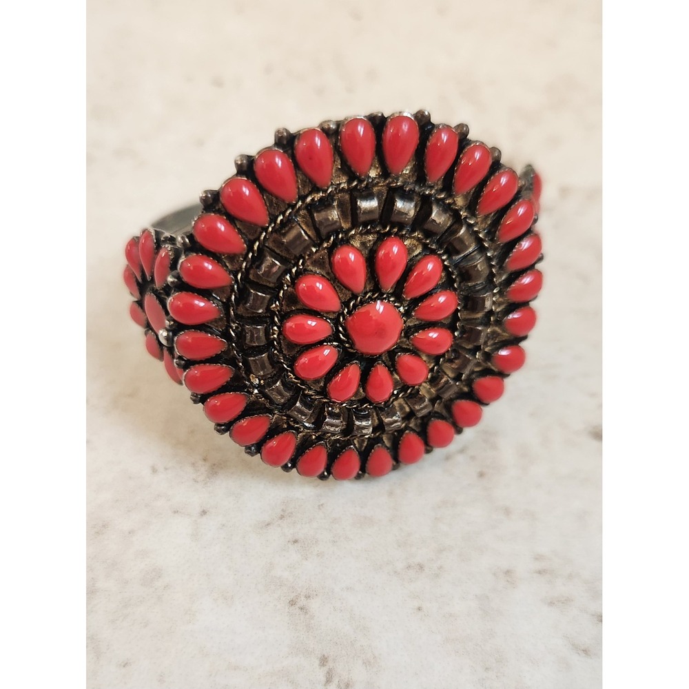 Boho Red Faux Coral Sunburst Cuff Bracelet Silver Tone Southwestern Style
